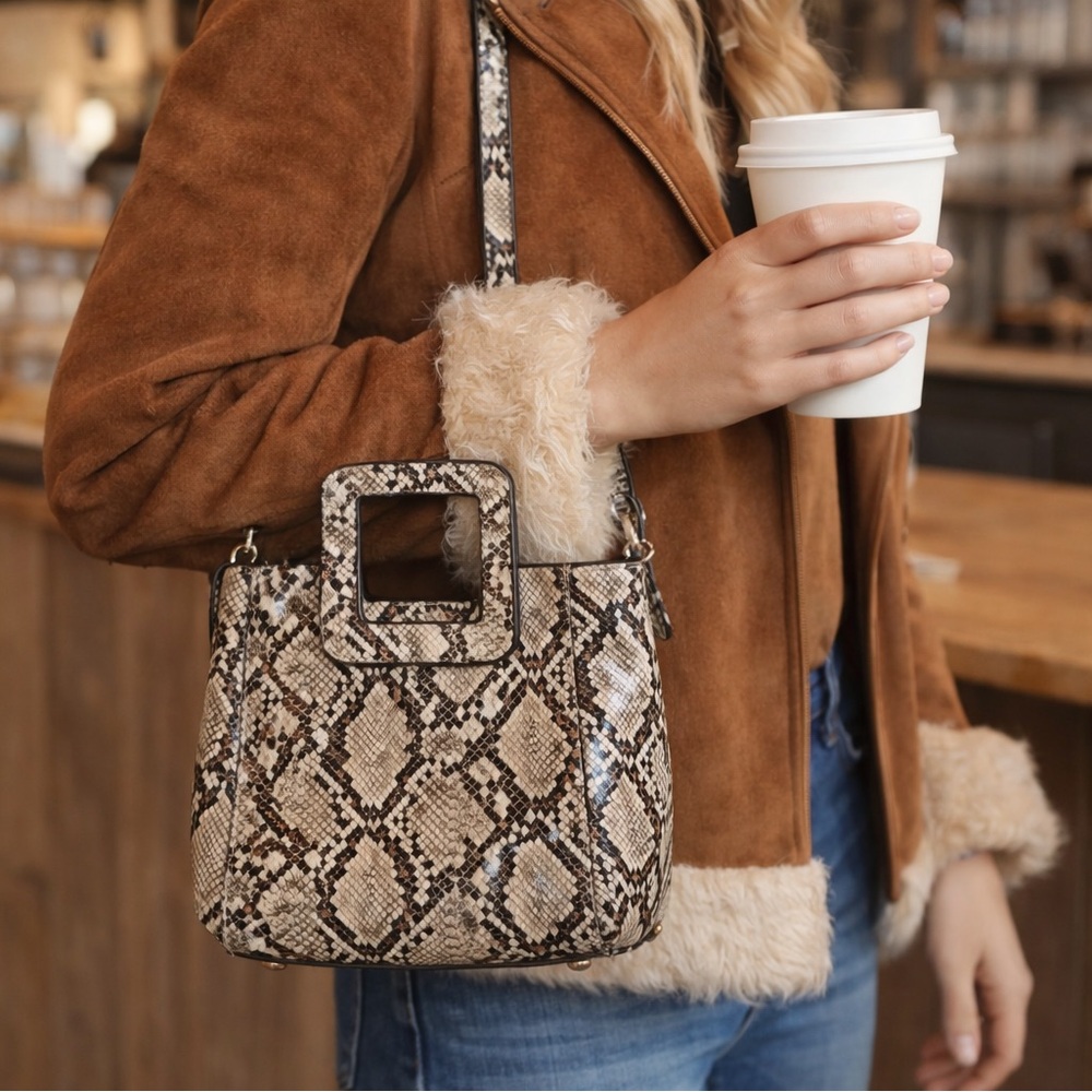 FFC NY Annabel Vegan Leather Python Print Square Y2K Handle Handbag w/ Crossbody